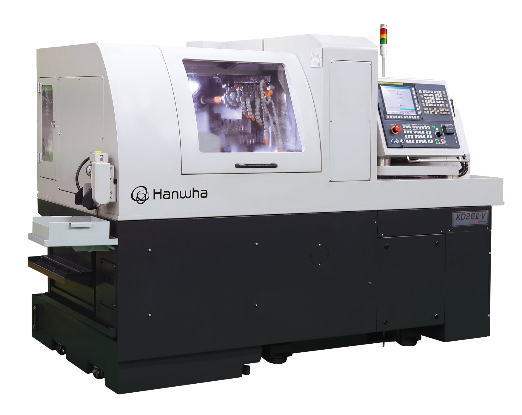 Dvoukanálový, 6 osý CNC dlouhotočný automatický CNC soustruh Hanwha XD26II-V
