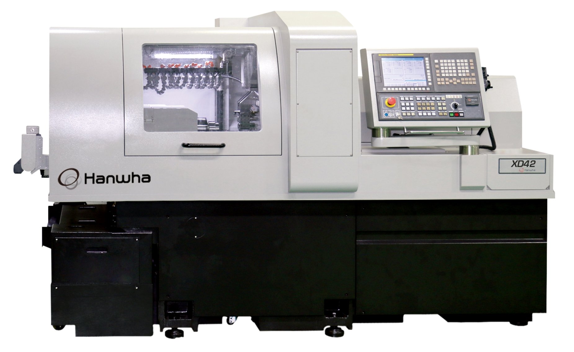 Hanwha XD42 - Dvoukanálový, 5 osý CNC dlouhotočný automatický soustruh